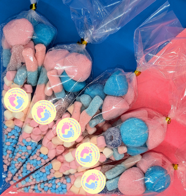 Baby Shower Neutral Feet Sweet cones for neutral baby showers with a variety of blue and pink sweets. With a sticker on the front of each cone