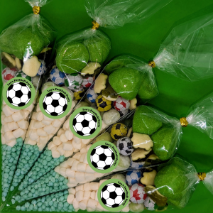 Green football themed sweet cones. Custom sticker on front